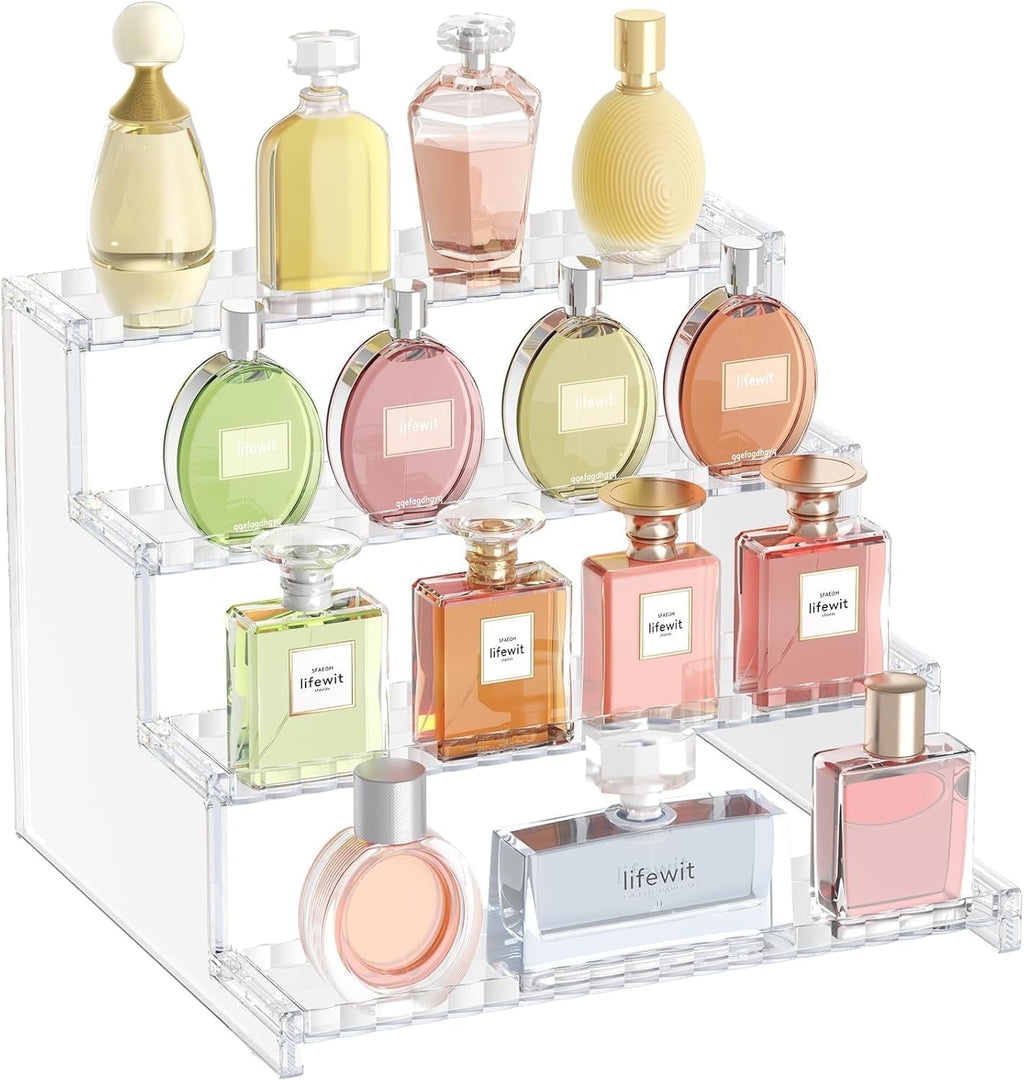 MIRANDINHA Store - Acrylic Display Riser 4 Tier Clear Organizer Shelf Stand for Bathroom Skincare, Vanity, Makeup, Perfume, Cologne, Dessert