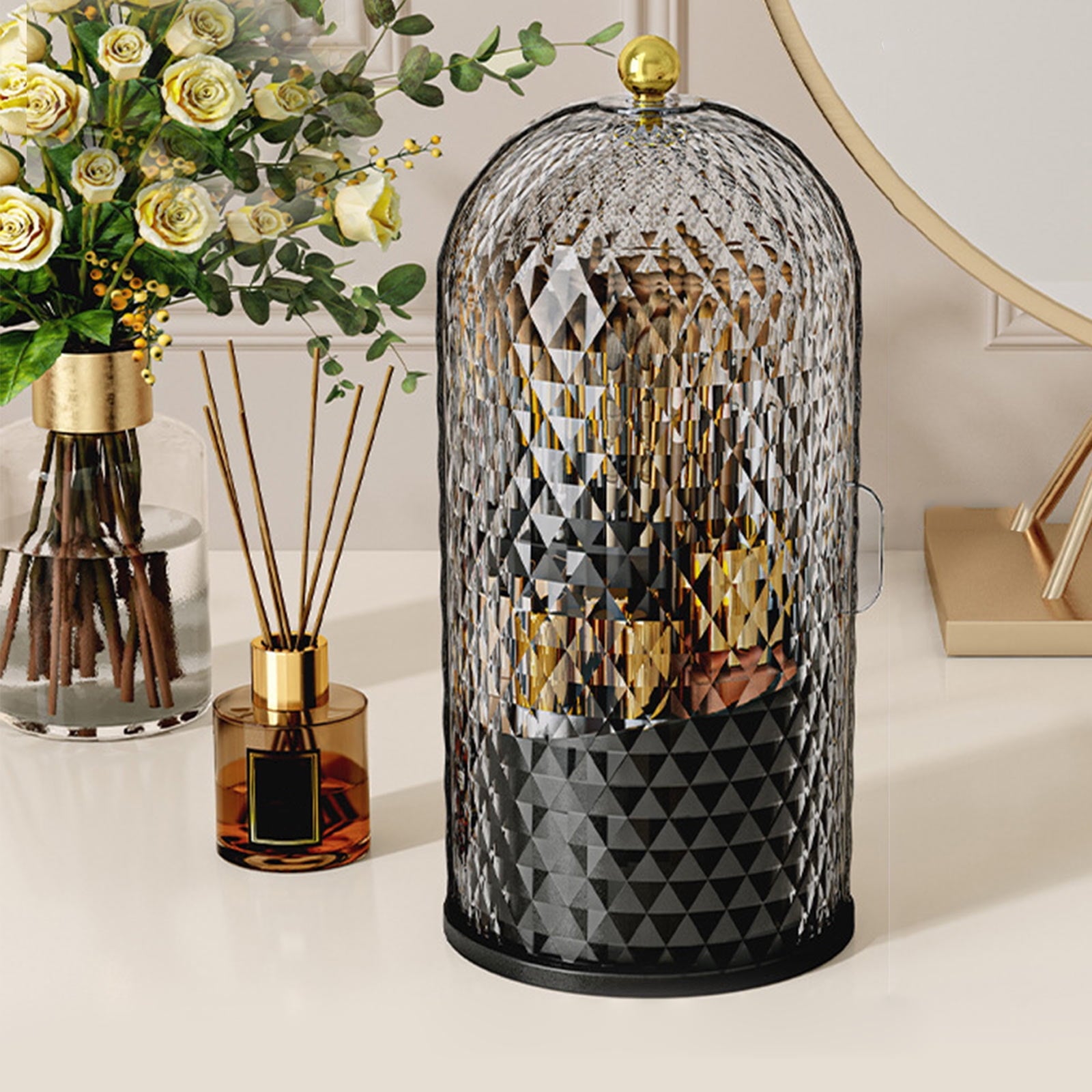 Makeup Brush Holder with Lid, 360 Rotating Multifunction Dustproof Skincare Cosmetic Storage Organizer for Vanity Des...