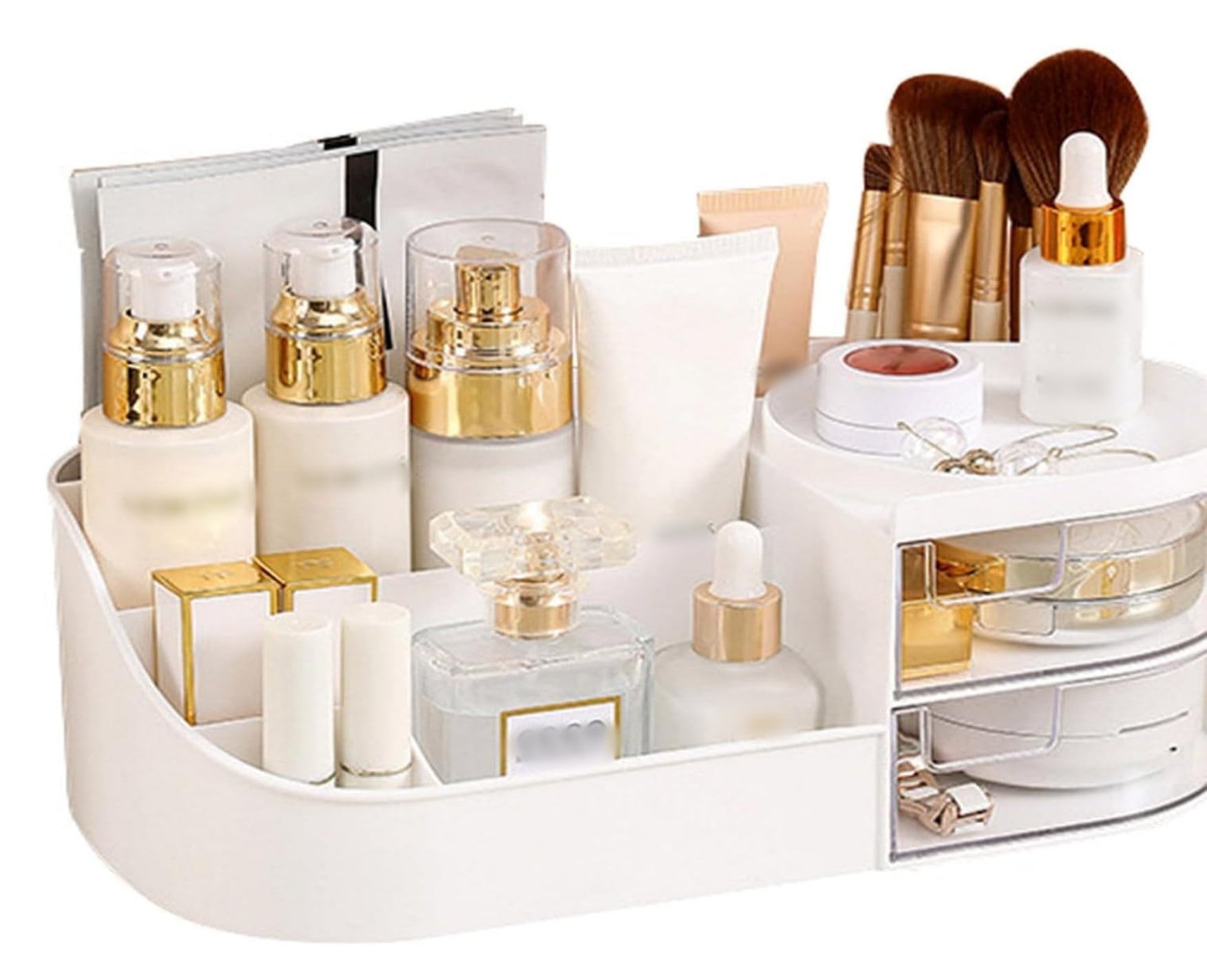 Makeup Organizer Countertop with 2 Drawer,Medium Capacity Skincare Cosmetic Cases for Vanity Bathroom Desktop, Cream ...
