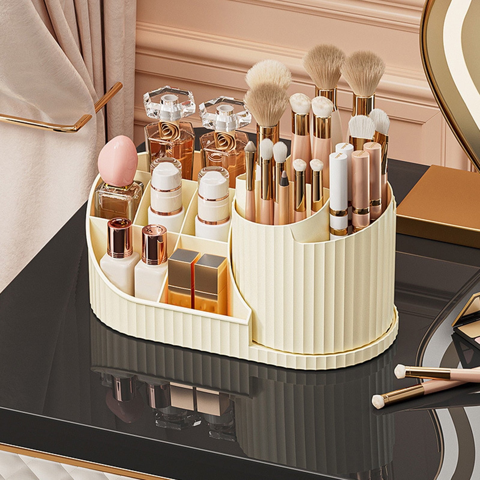 for Vanity with Rotating Brush Holder, Cosmetic Storage, Spinning Skincare , Countertop , Display Case