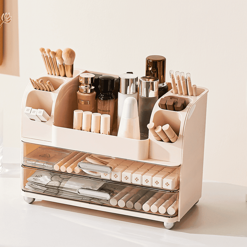 Makeup Organizer with Brush Holders & 2 Drawers, Countertop Bathroom Storage Organizer for Cosmetics, Skincare & Desk...