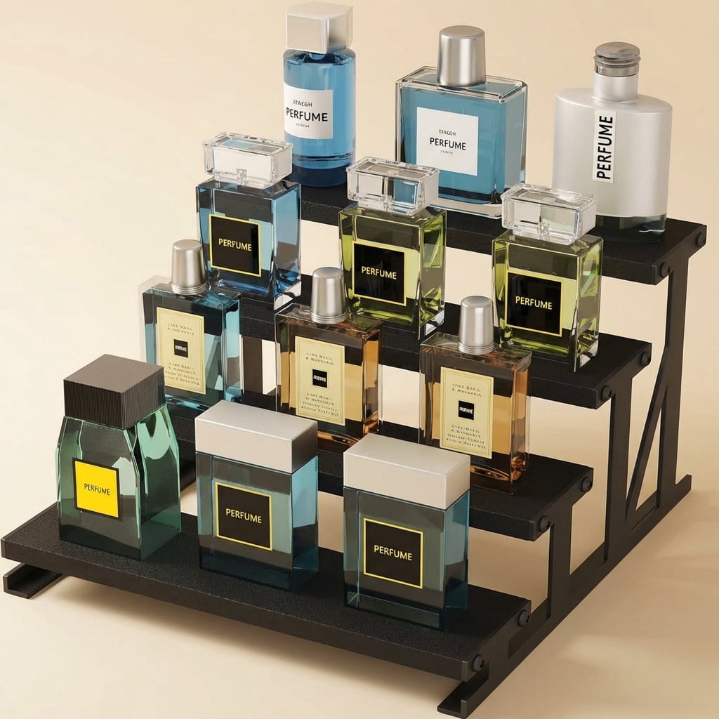 Norcho 9.8 Inch 4-Tier Wooden Cologne Organizer for Men, Perfume and Skincare Display Shelf, Black, 1-Pack
