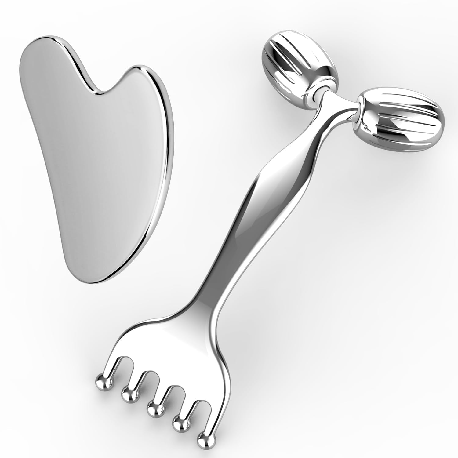 Pain Relief Massage Tool Set Stainless Steel Gua Sha Scraper & Dual-Ended Face Roller for Muscle Tension, Circulation...