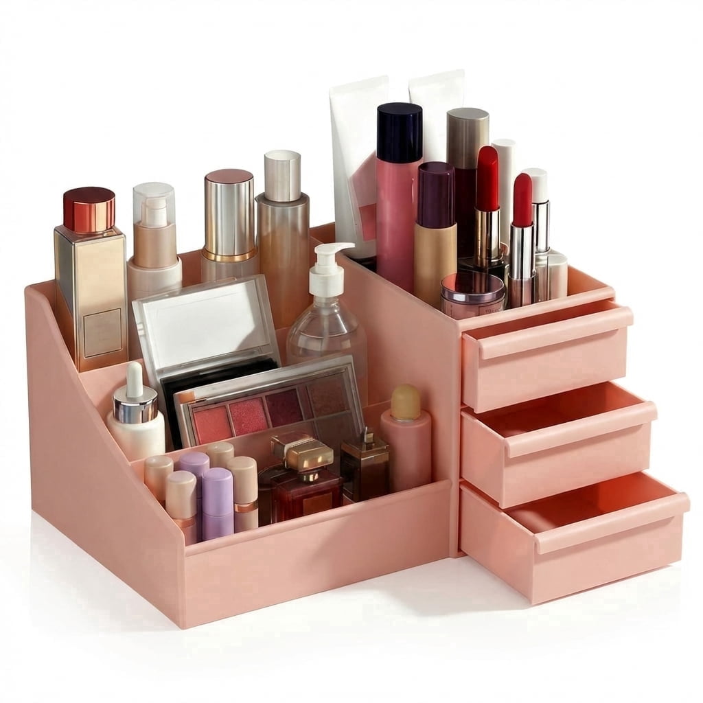 Pink Makeup Organizer with Drawers, Large Capacity Cosmetic Storage for Vanity or Bathroom Countertop, Multi-Compartm...