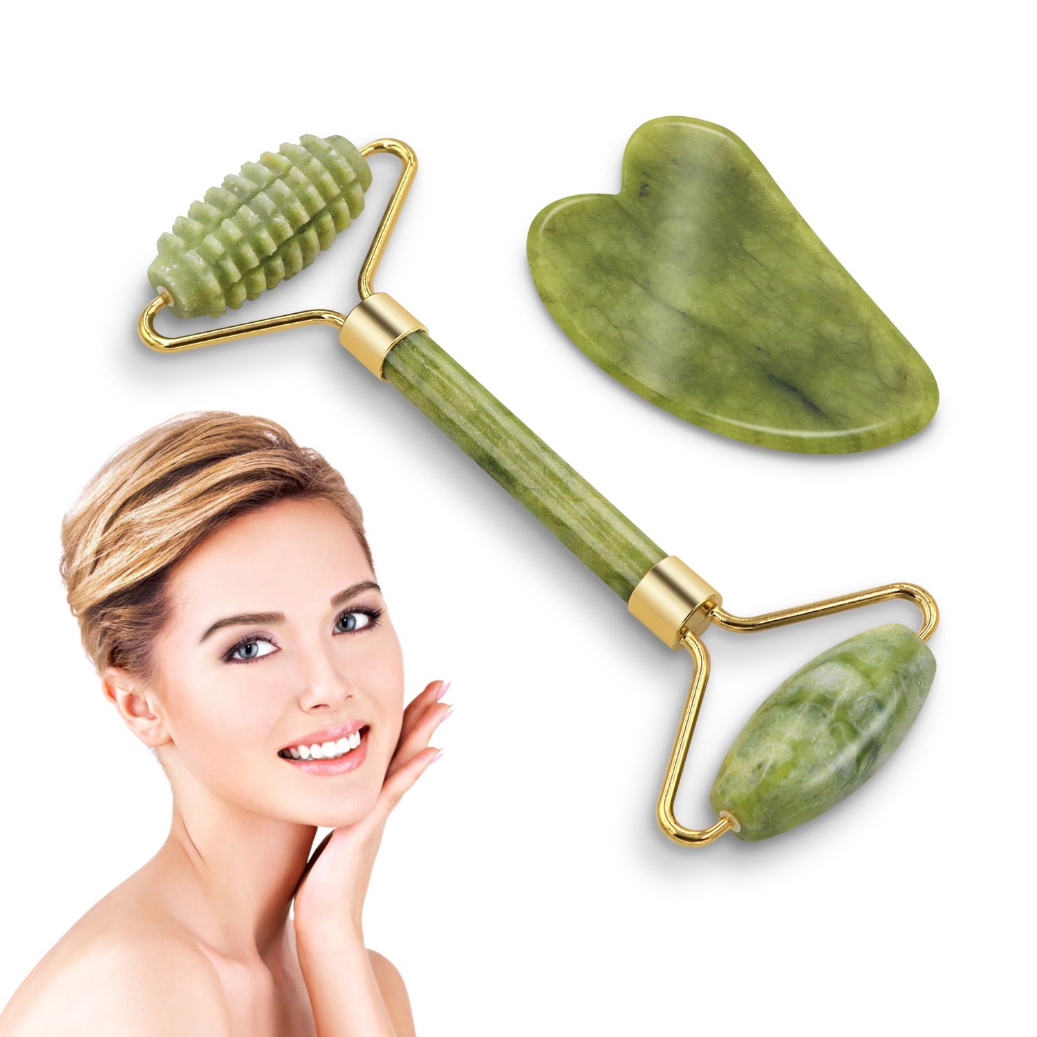 Pinkiou Jade Roller For Face and Gua Sha Facial Tools Facial Massage Skin Care Tool Set for Removal of Wrinkles & Eye Puffiness, Anti-Aging
