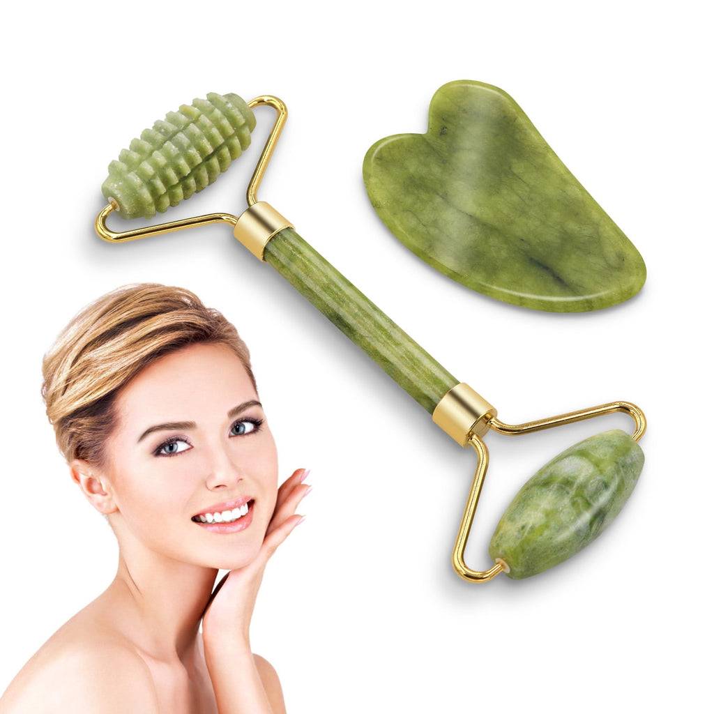 Pinkiou Jade Roller For Face and Gua Sha Facial Tools Facial Massage Skin Care Tool Set for Removal of Wrinkles & Eye Puffiness, Anti-Aging