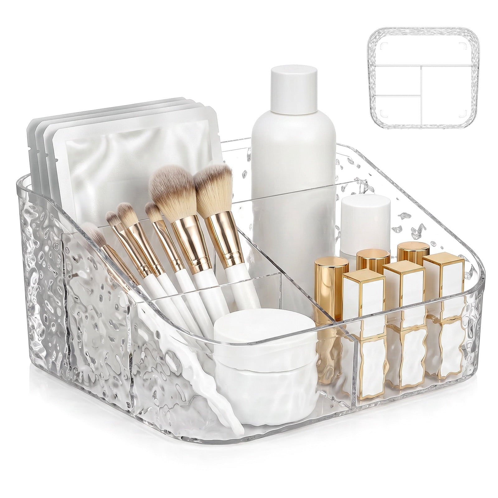Plastic Makeup Storage Organizer Divided Basket Bin with Water Ripple Design Countertop Cosmetic Storage Holder for C...