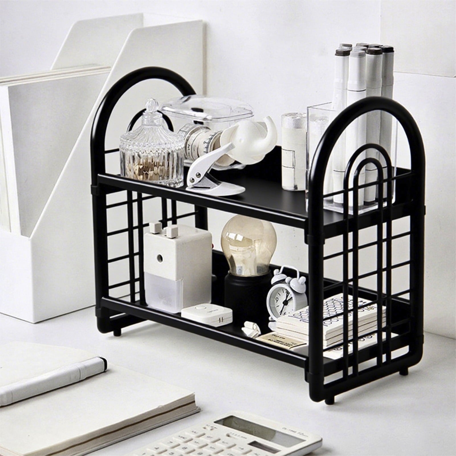 Qiweii Desktop Rack Cosmetic Stationery Storage Holder,2-Tier Multifunctional Plastic Shelf Makeup Organizer for Skincare Office Kitchen Bed