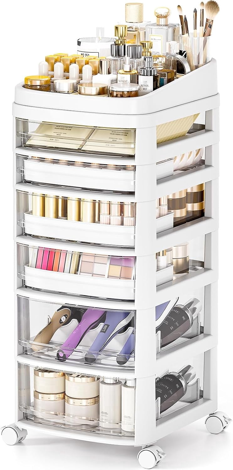 Rolling Cart with 6 Drawers, Clear Plastic Drawer Organizers, Dust Proof Under Desk Storage for Makeup, Skincare, Art...