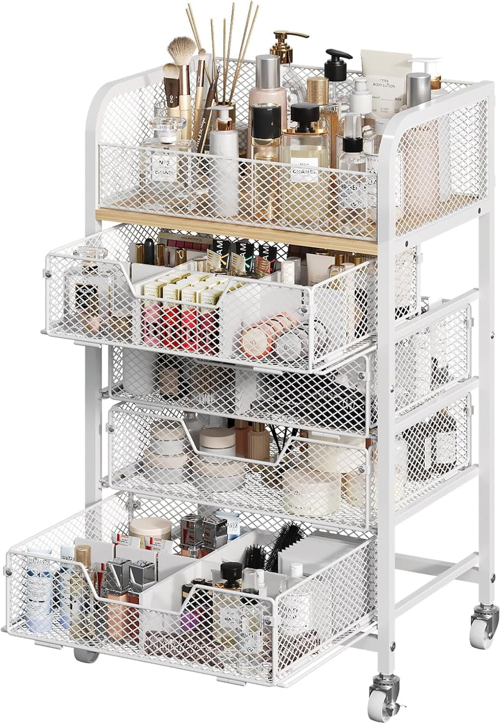 Rolling Makeup Cart Organizer with 4 Drawers, Floor Skincare Organizers with Wheels, Cosmetics Display Cases, Storage...