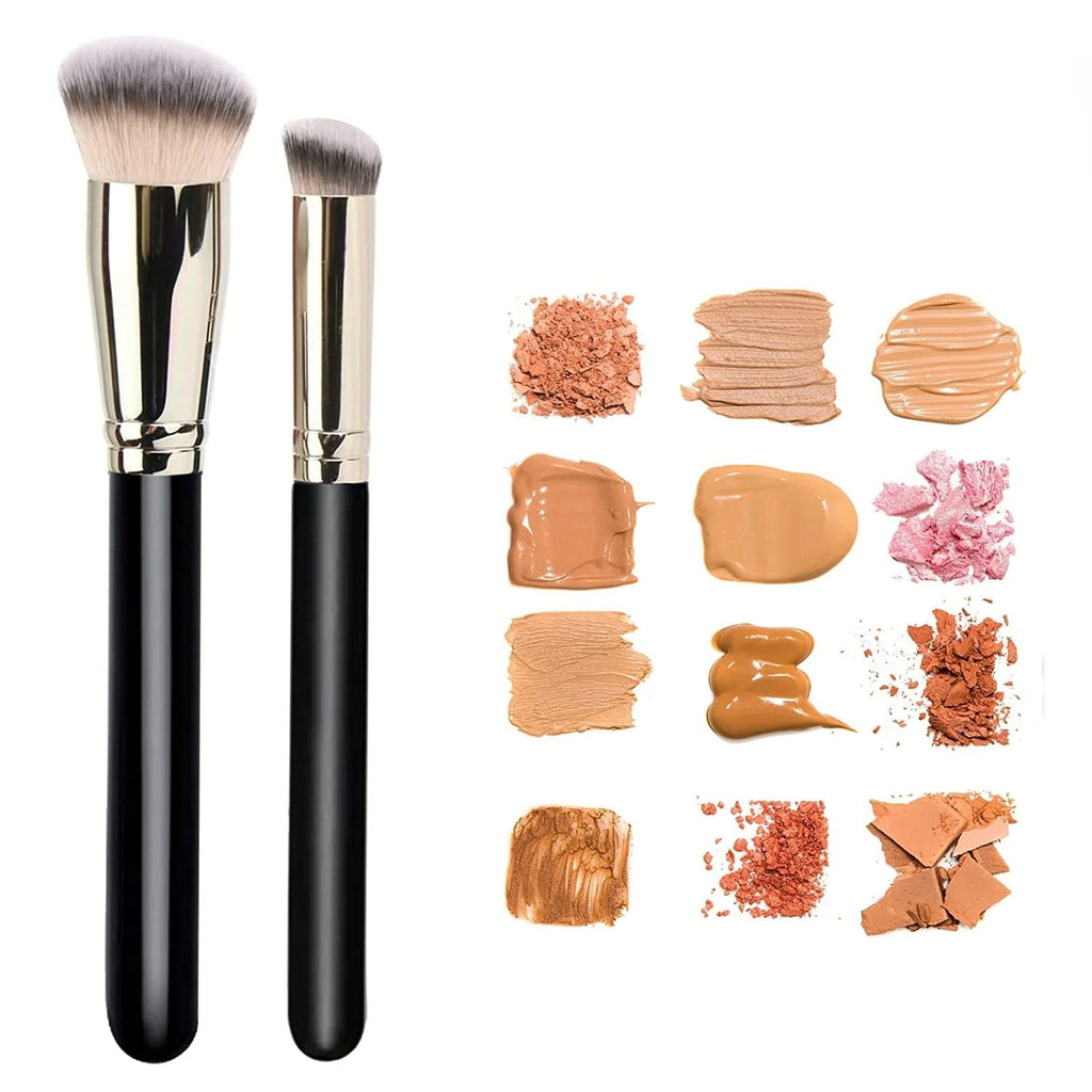 Foundation & Concealer Brush Set - 2 Pack with Round Slanted Brush, Mini Angled Concealer & Flat Top Nose Brush