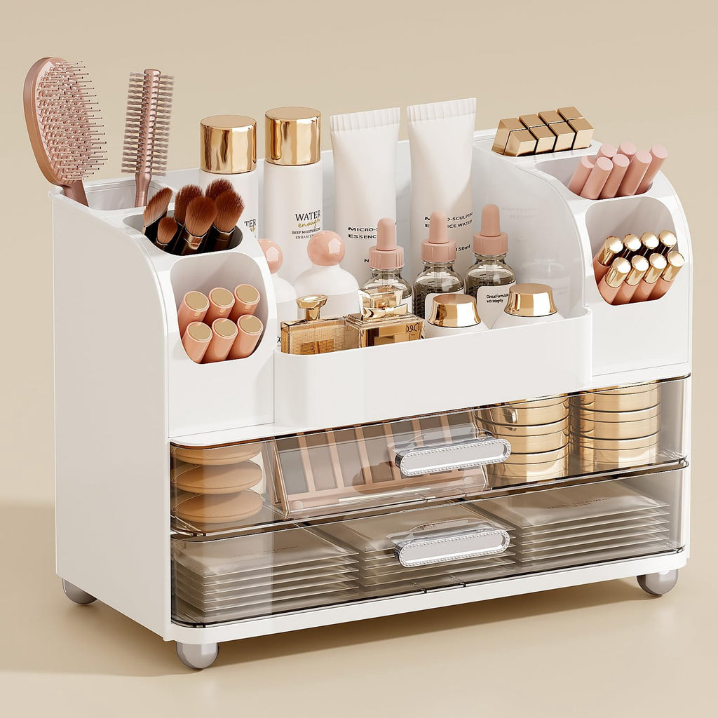Makeup Organizer for Vanity with 2 Large Drawers & Brush Holder, Countertop Cosmetic Storage for Bathroom & Dresser, ...