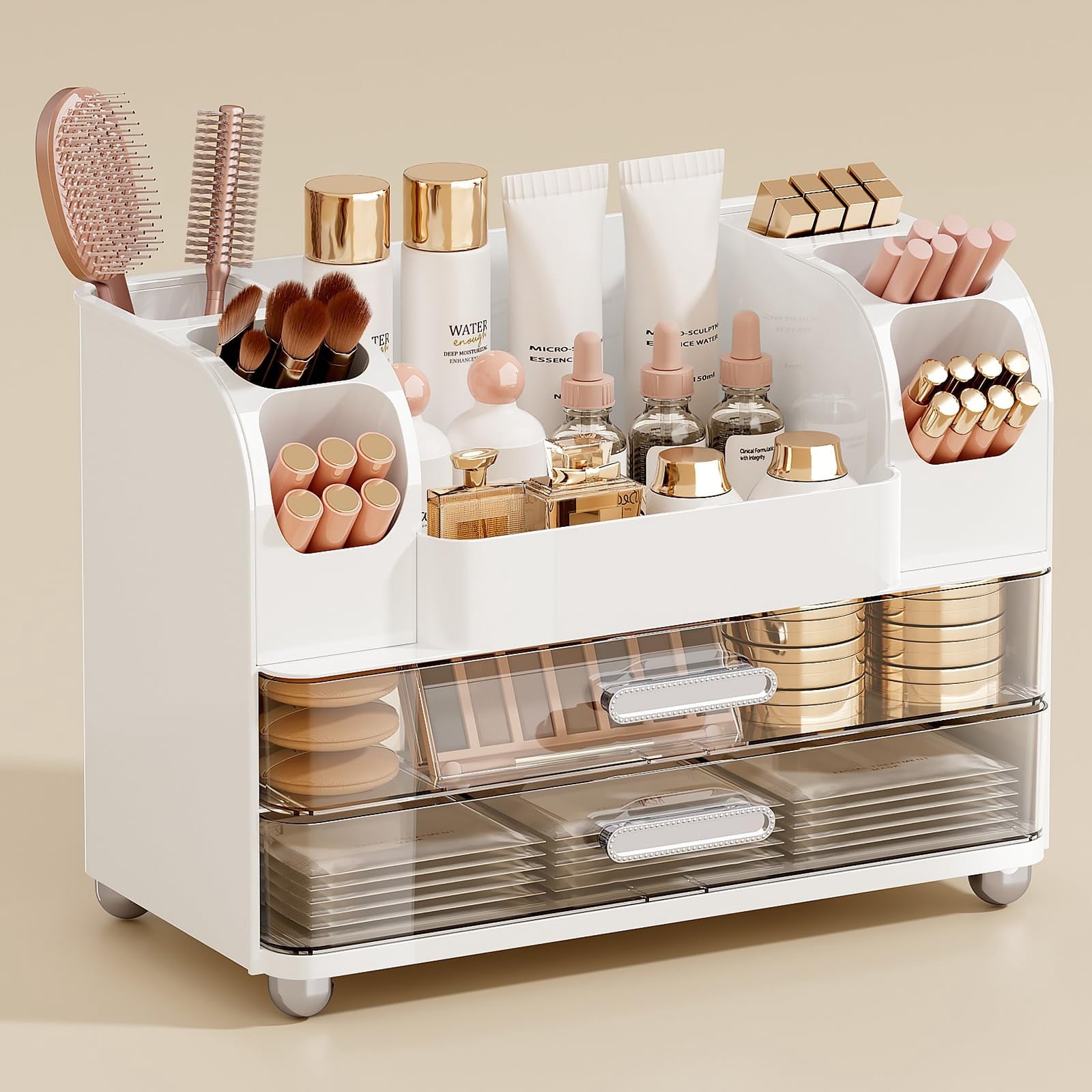 Makeup Organizer for Vanity with 2 Large Drawers & Brush Holder, Countertop Cosmetic Storage for Bathroom & Dresser, ...