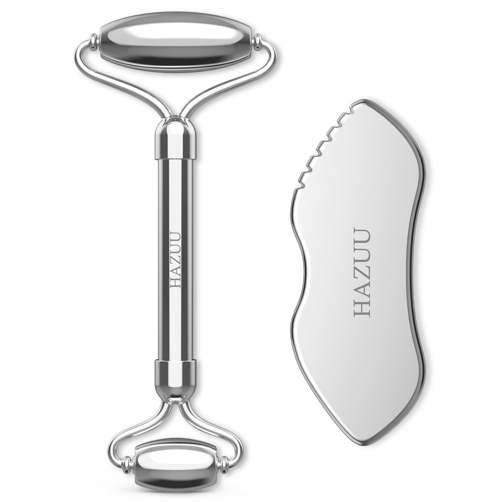 Stainless Steel Gua Sha & Face Rollers, 2Pcs Facial Massage Tools, Guasha Tool for Face Eyes Neck