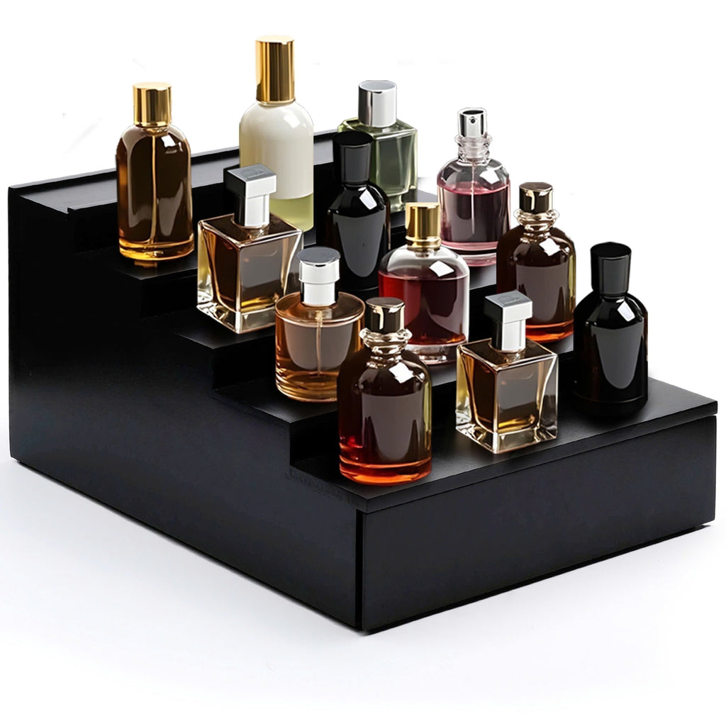 TOPNOTCHTIMBER Wooden Perfume Organizer, Black Pine Perfume Shelf, Multi-Purpose Storage for Makeup, Skincare, Jewelry, Bathroom Vanity