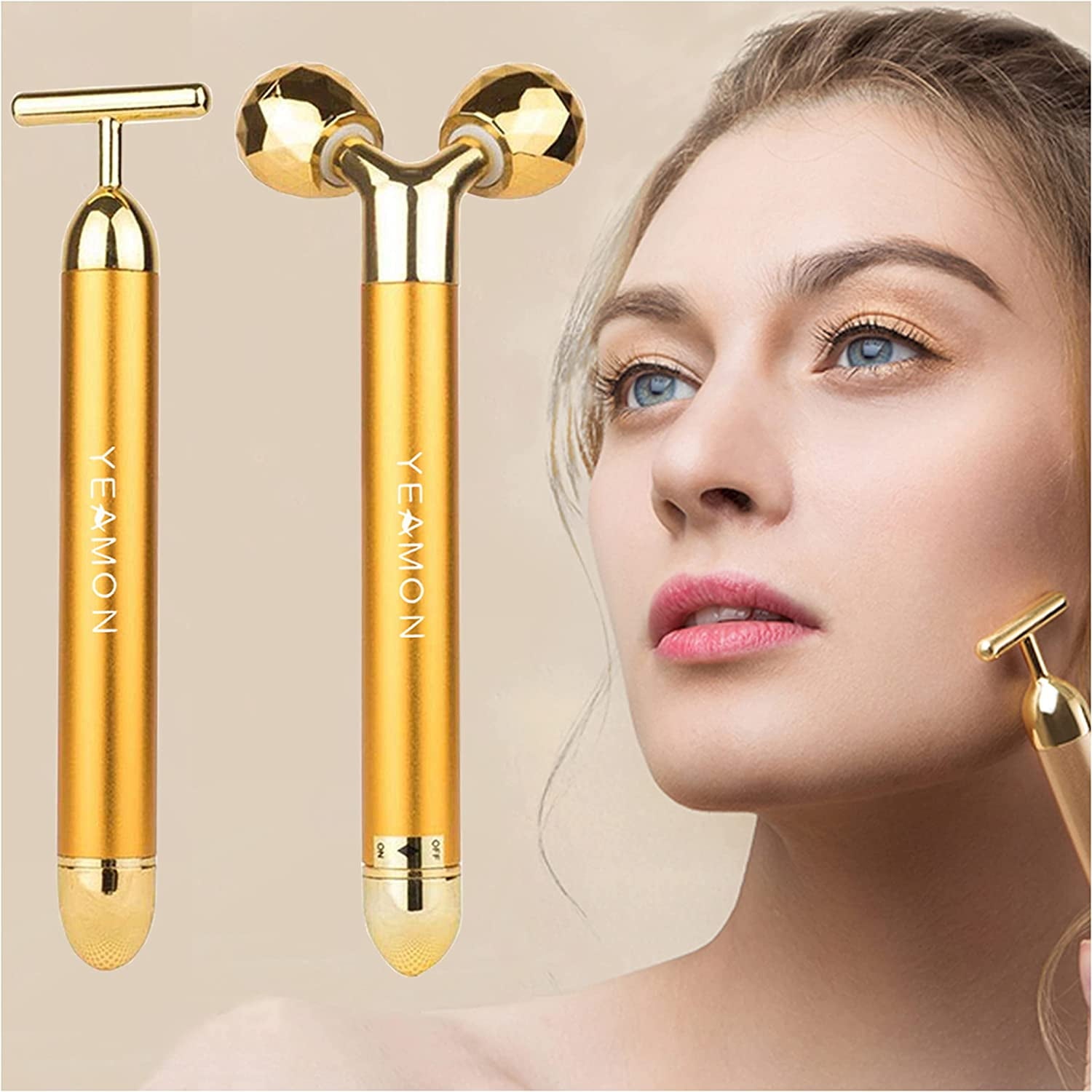 Yeamon 2-in-1 Electric Face Massage 24k Golden Facial Massager Device, 3D Roller and T Shape Facial Roller Massager Kit Metal Skin Care Tool
