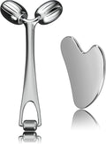 Face Massager,Face Roller and Gua Sha Set Stainless Steel Facial Roller Metal Spa Roller Massage Tools Set for Face E...