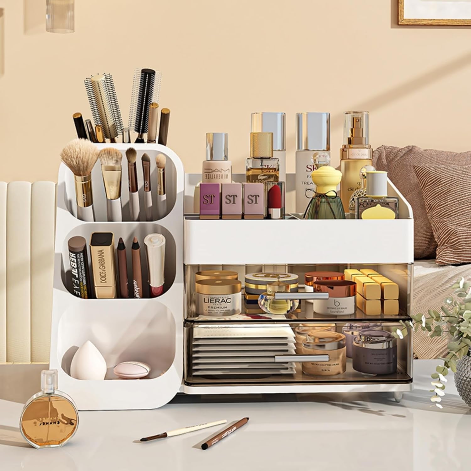 BAODELI  Makeup Organizer with Brush Holder for Vanity, Large Plastic Bathroom Countertop Organizer Skin Care Storage, Easy to Store Lipstic - Image 4