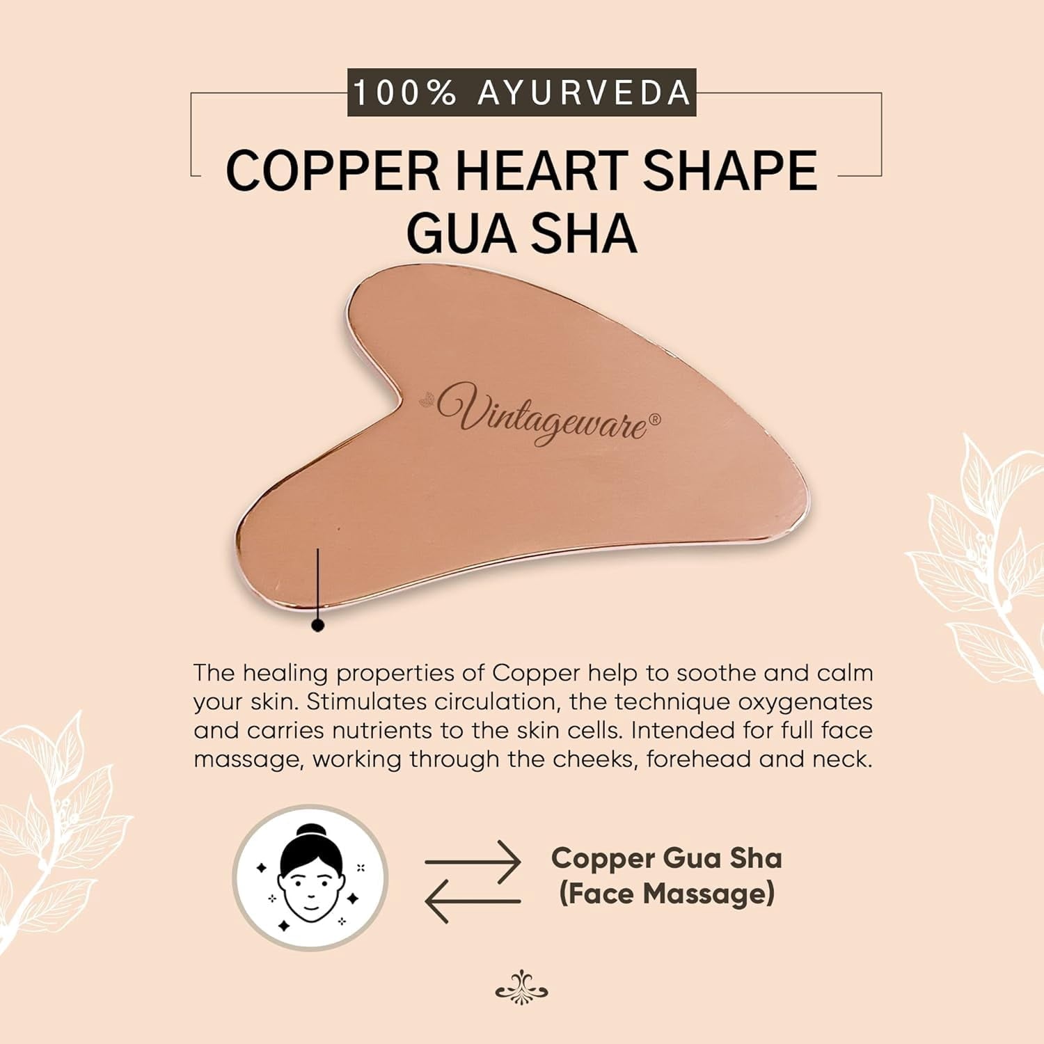 Vintageware Heart-Shaped Copper Gua Sha Facial Massage Tool, Reduces Puffiness & Tightens Skin, for Face & Body - Image 3