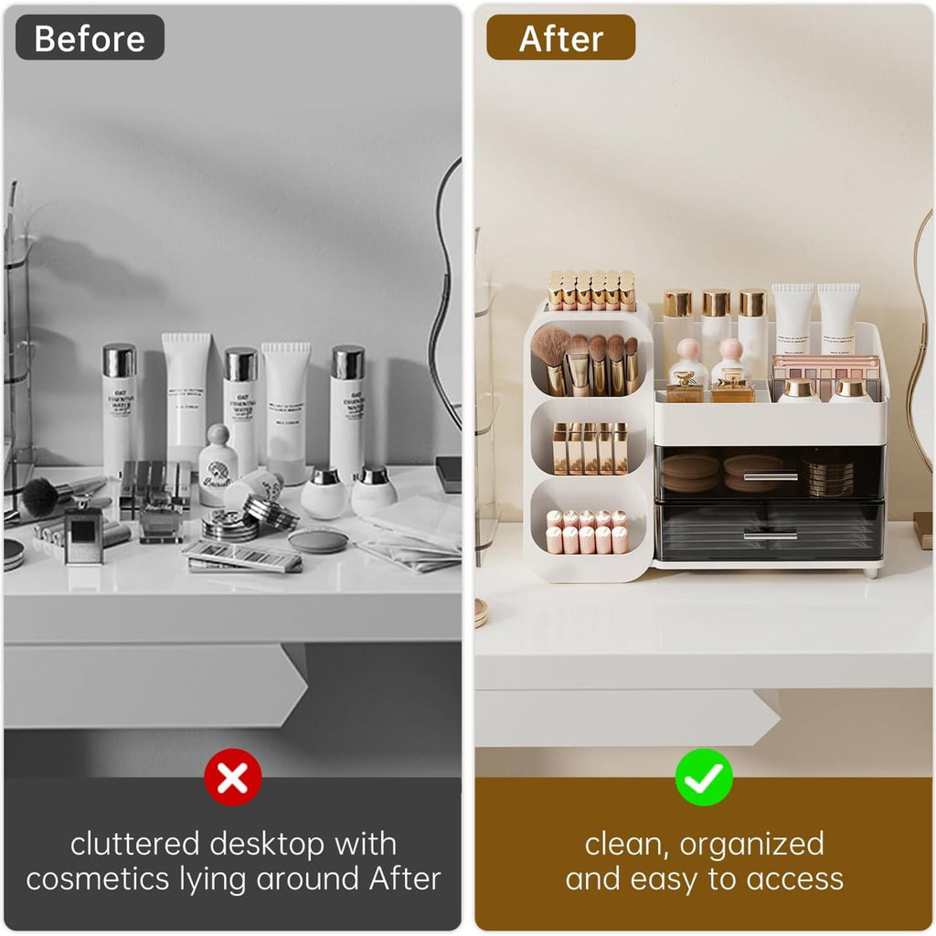 Makeup Organizer with Brush Holder, Countertop Organizer with 2 Drawers for Beauty Essential, Skincare, Lipstick - Image 6