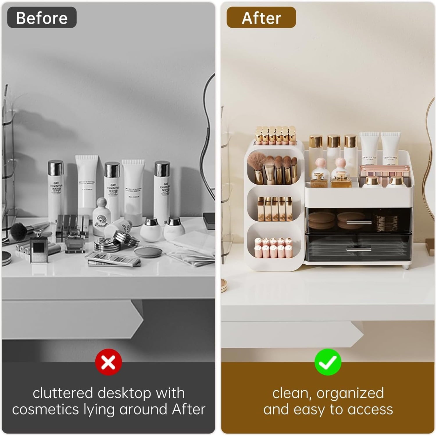 Makeup Organizer with Brush Holder, Countertop Organizer with 2 Drawers for Beauty Essential, Skincare, Lipstick - Image 6