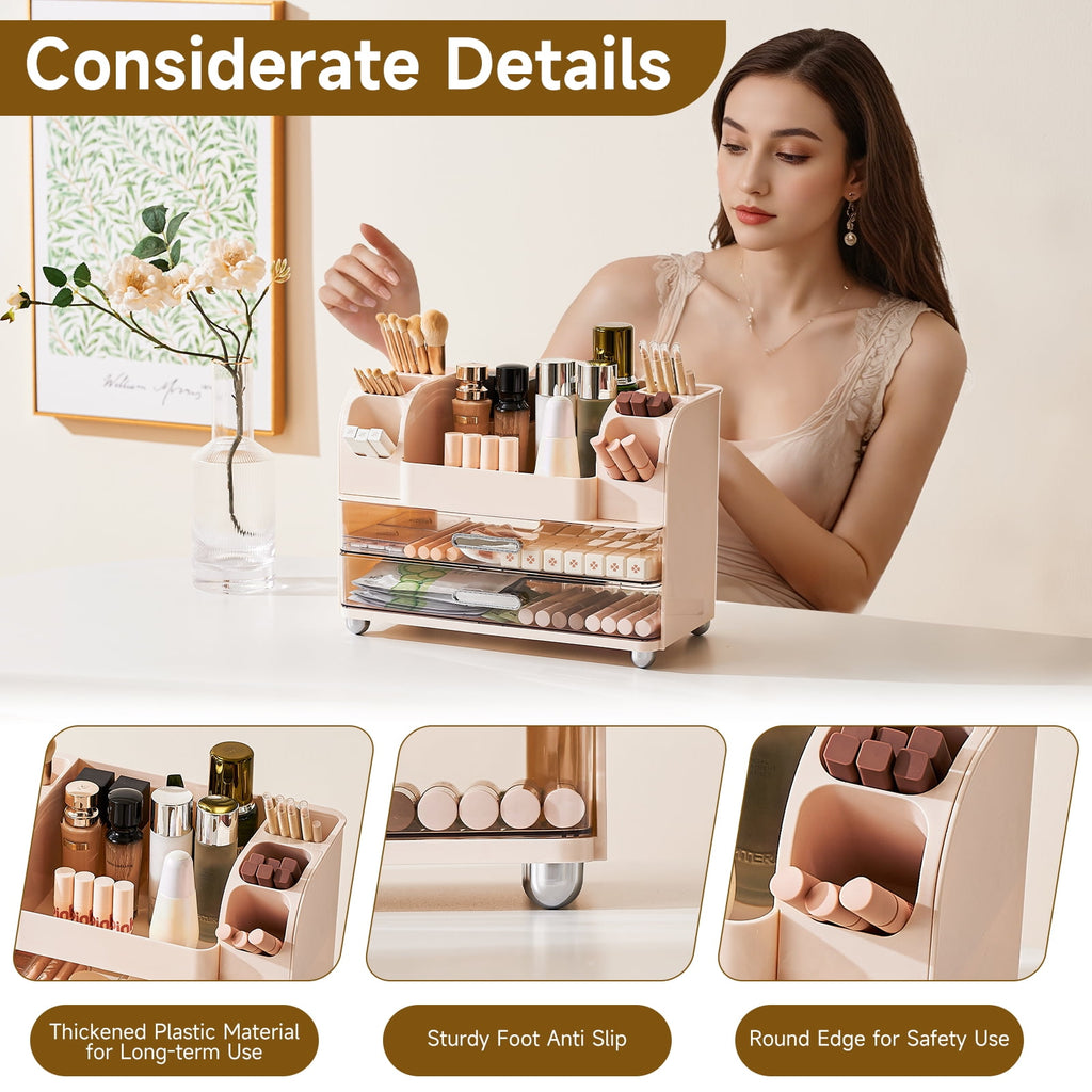 Makeup Organizer with Brush Holders & 2 Drawers, Countertop Bathroom Storage Organizer for Cosmetics, Skincare & Desk... - Image 4