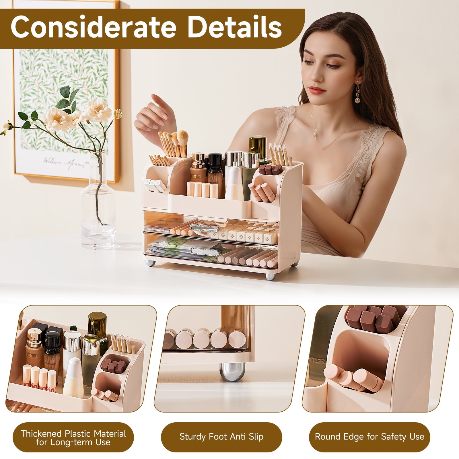 Makeup Organizer with Brush Holders & 2 Drawers, Countertop Bathroom Storage Organizer for Cosmetics, Skincare & Desk... - Image 4