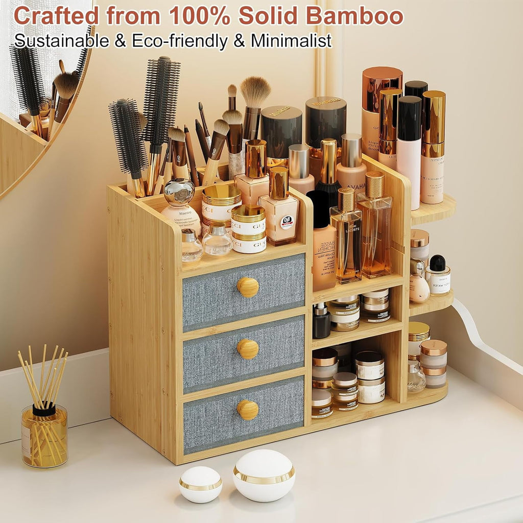 X- Large Bamboo Makeup Organizer for Vanity, 3-Tier Cosmetic Skincare Countertop Storage with 3 Drawers, 3 Brush Hold... - Image 6