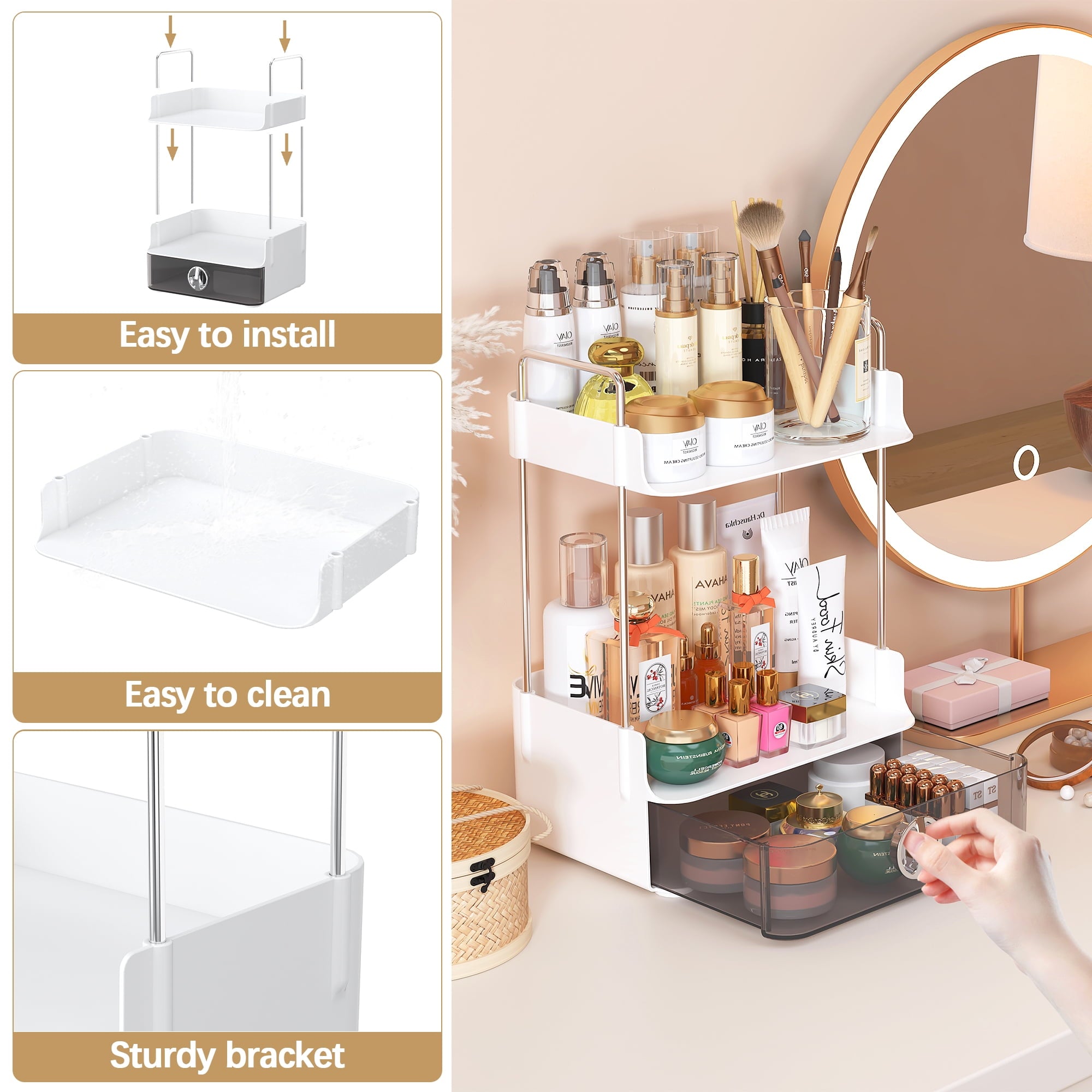 2 Tier Bathroom Counter Organizer, Multi-Purpose Makeup Organizer Countertop for Vanity Bedroom Bathroom Kitchen, White - Image 5