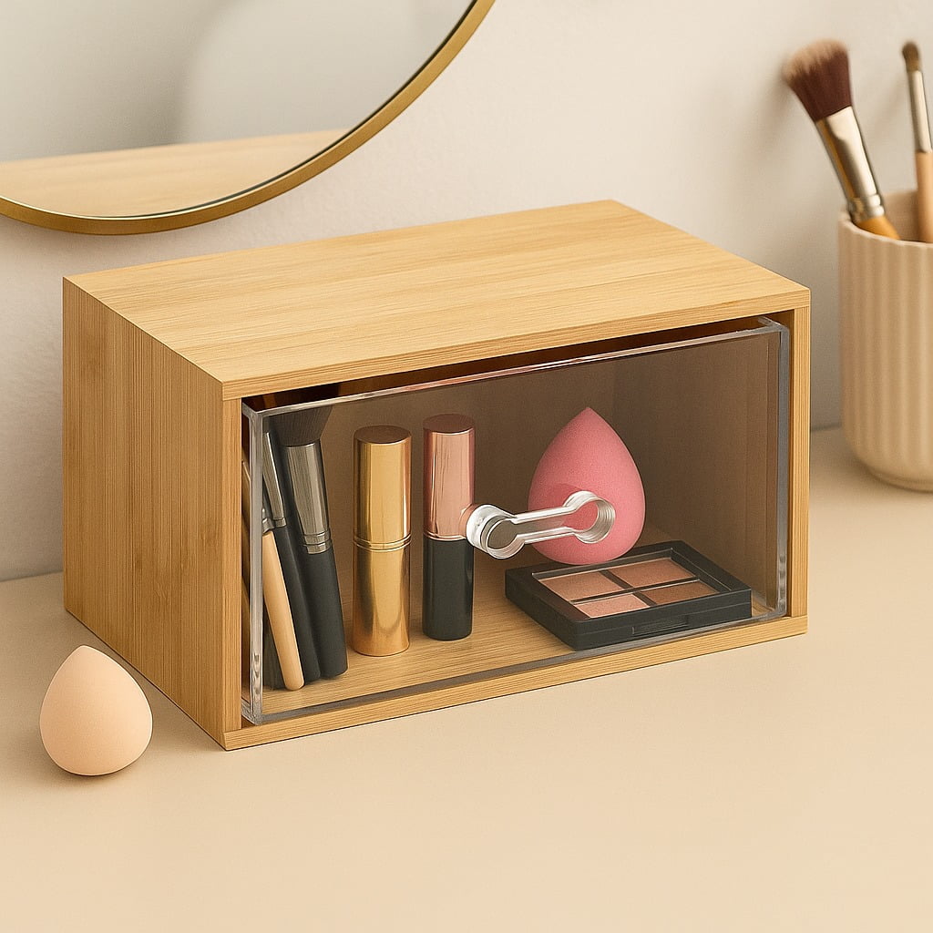 Bamboo Makeup Organizer with Clear Acrylic Drawer, Compact Single Drawer Bamboo Storage Box for Cosmetics & Skincare,... - Image 2