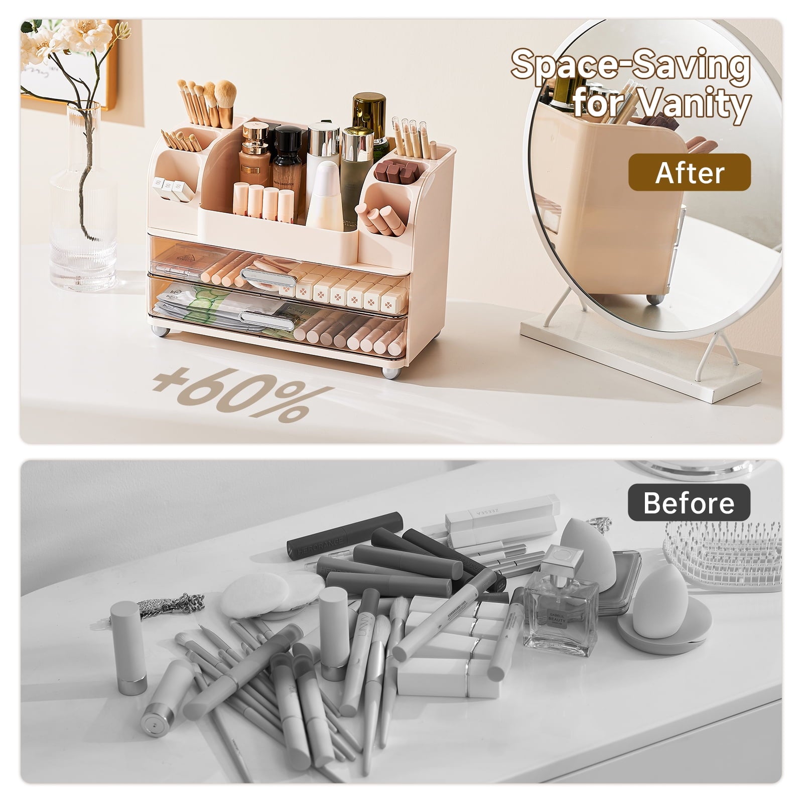 Makeup Organizer with Brush Holders & 2 Drawers, Countertop Bathroom Storage Organizer for Cosmetics, Skincare & Desk... - Image 3