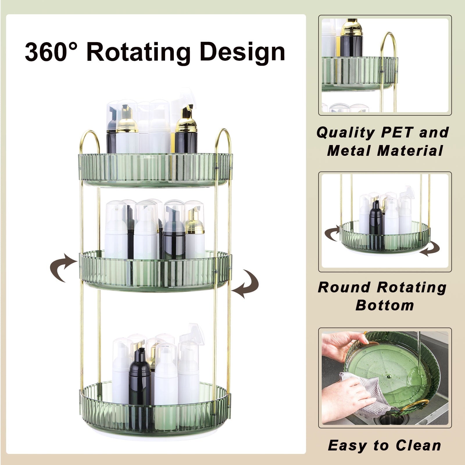 Rotating Makeup Organizer, Skincare Organizer Countertop for Vanity (3-Tier, Green) - Image 3