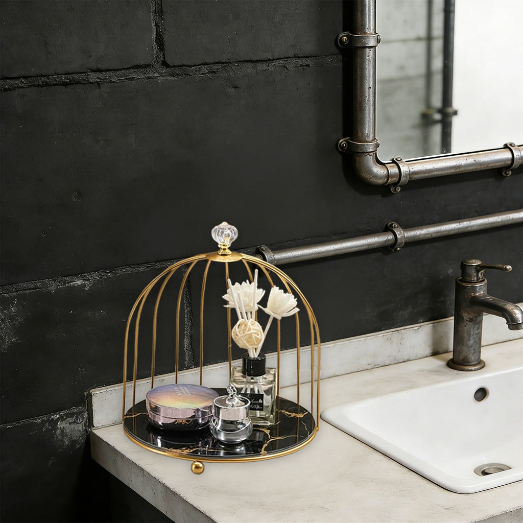 Iron Two Tier Bathroom Cosmetic Organizer for Desktop Lipstick Skincare Rack Cage Inspired Structure with Stones Patt... - Image 5