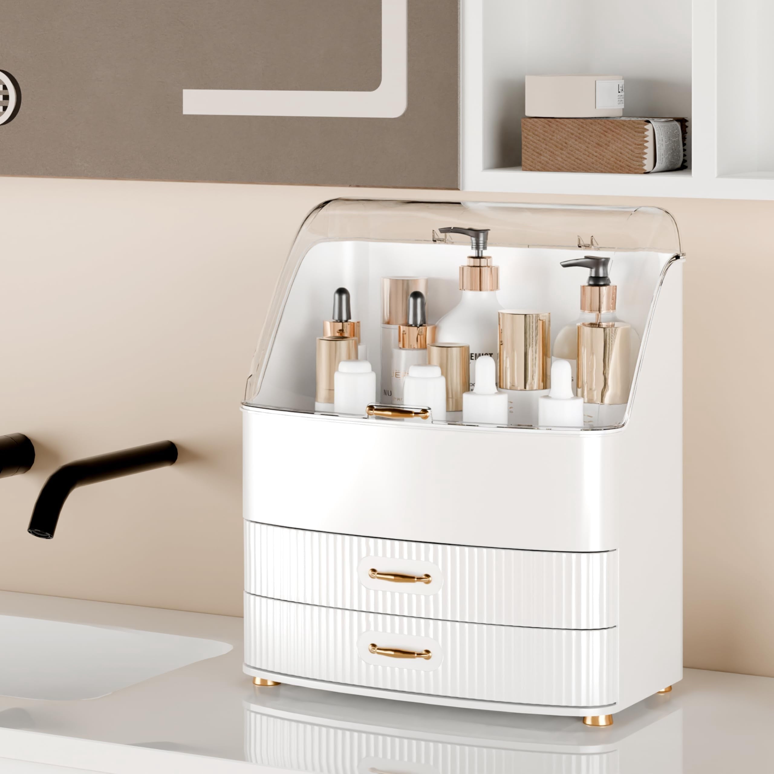 Large Makeup Organizer with Dustproof Transparent Lid, Waterproof Cosmetic Storage Case with Drawers for Bathroom Van... - Image 4