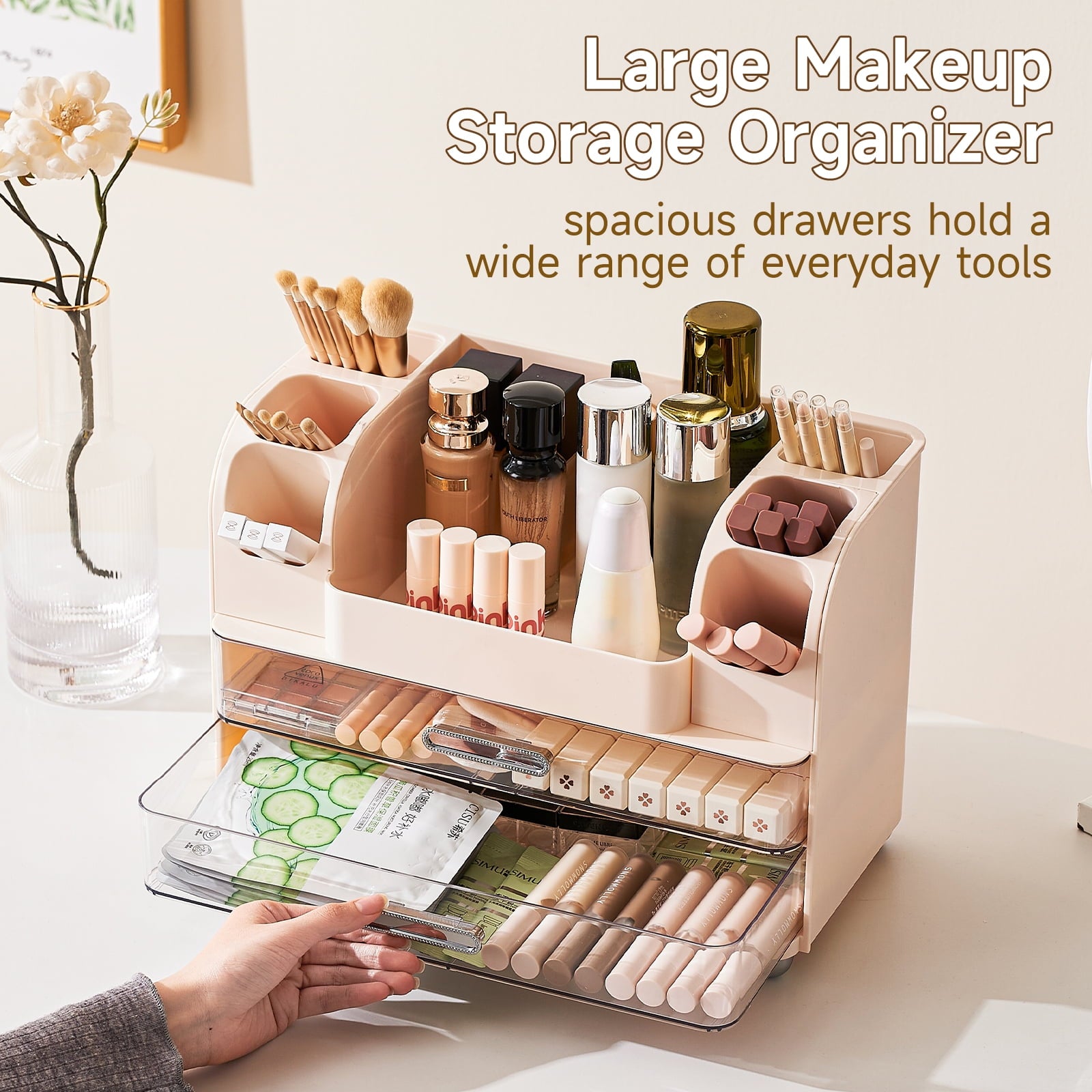 Makeup Organizer with Brush Holders & 2 Drawers, Countertop Bathroom Storage Organizer for Cosmetics, Skincare & Desk... - Image 5