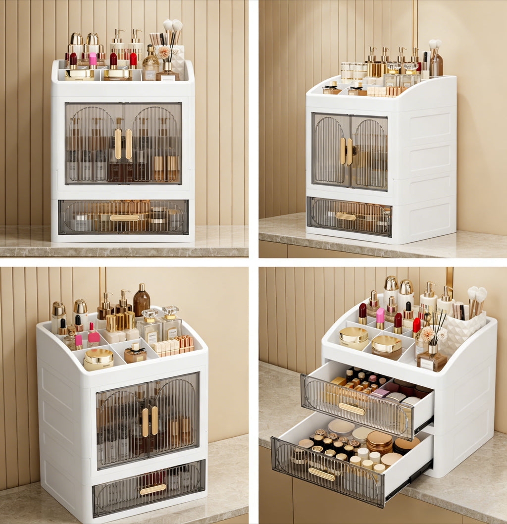 Large Capacity Makeup Organizer with Drawers & Doors, White Plastic Cosmetic Storage Cabinet with Handle, Multi-Tier Skincare Organizer for - Image 3