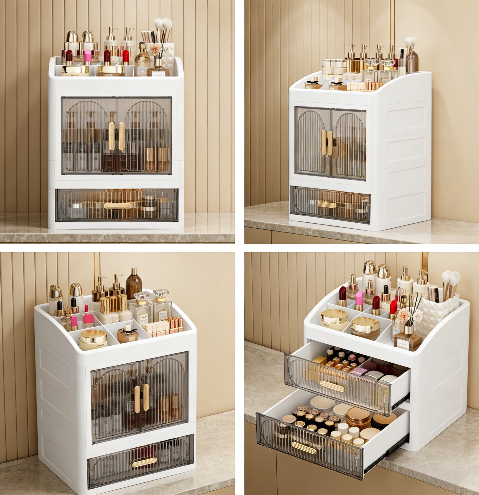 Large Capacity Makeup Organizer with Drawers & Doors, White Plastic Cosmetic Storage Cabinet with Handle, Multi-Tier Skincare Organizer for - Image 3