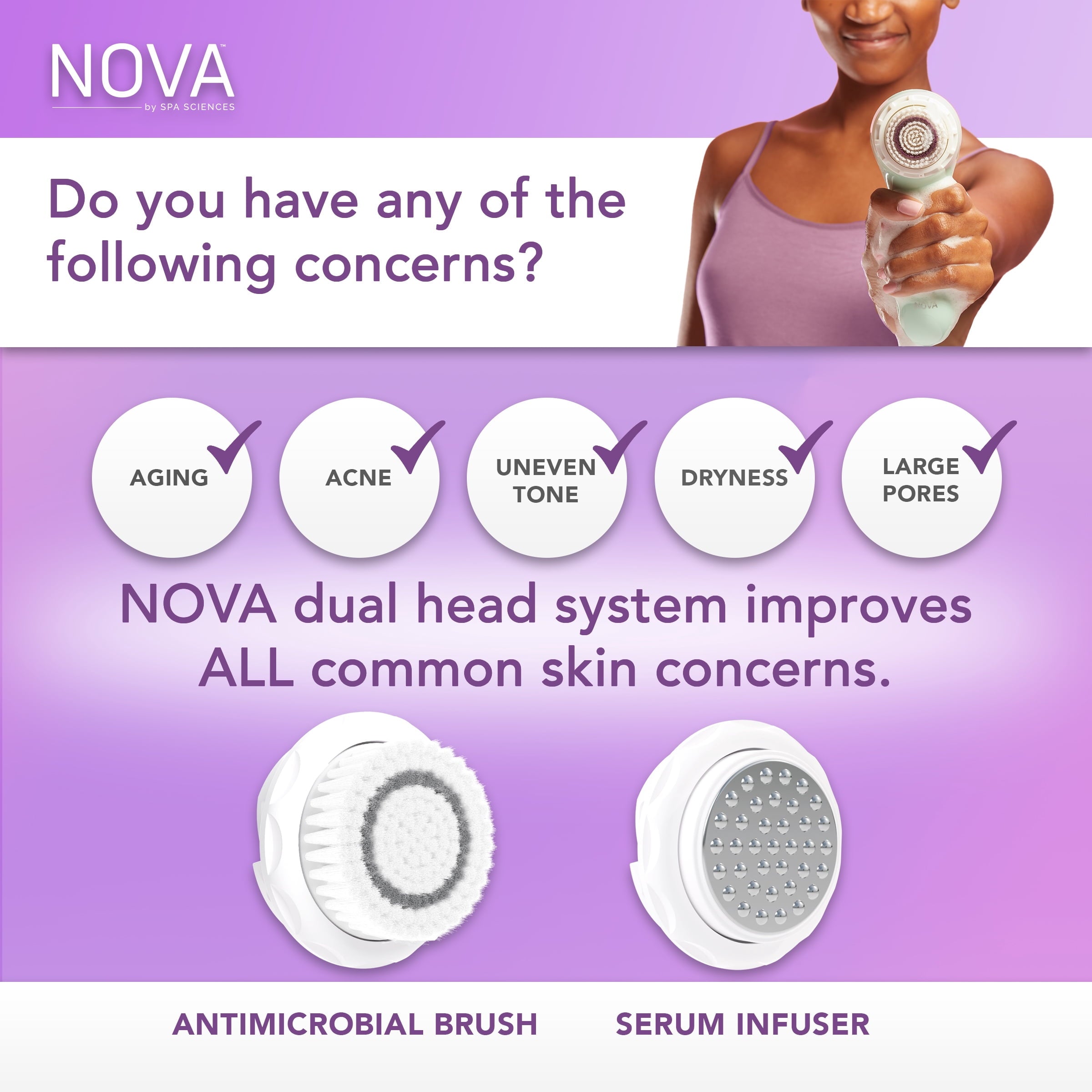 Spa Sciences NOVA Facial Cleansing Brush, Sonic Facial Cleansing for Exfoliation, Includes Antimicrobial Brush, Sensitive Skin Brush, and Se - Image 4