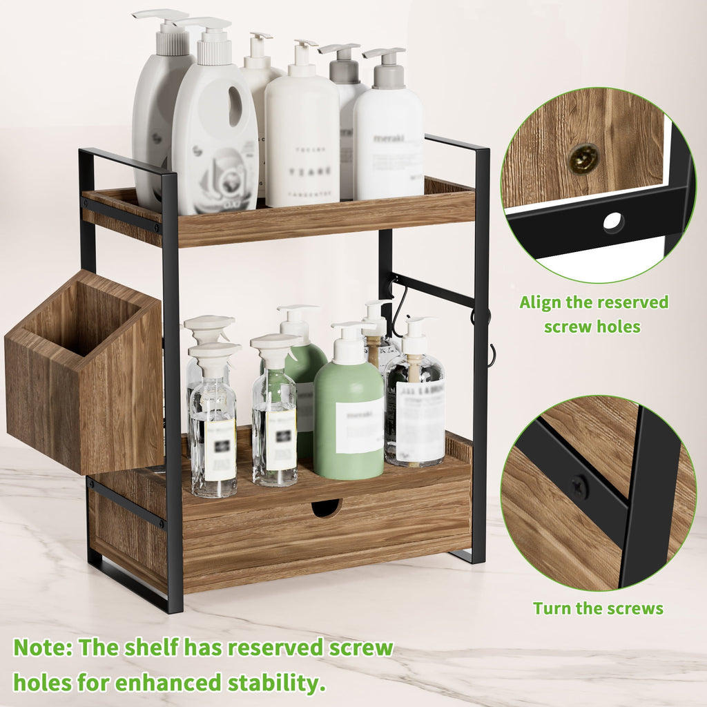 2-Tier Bathroom Counter Organizer with Drawer and Basket, Wood Countertop Organizer for Storage, Skincare Organizers ... - Image 3