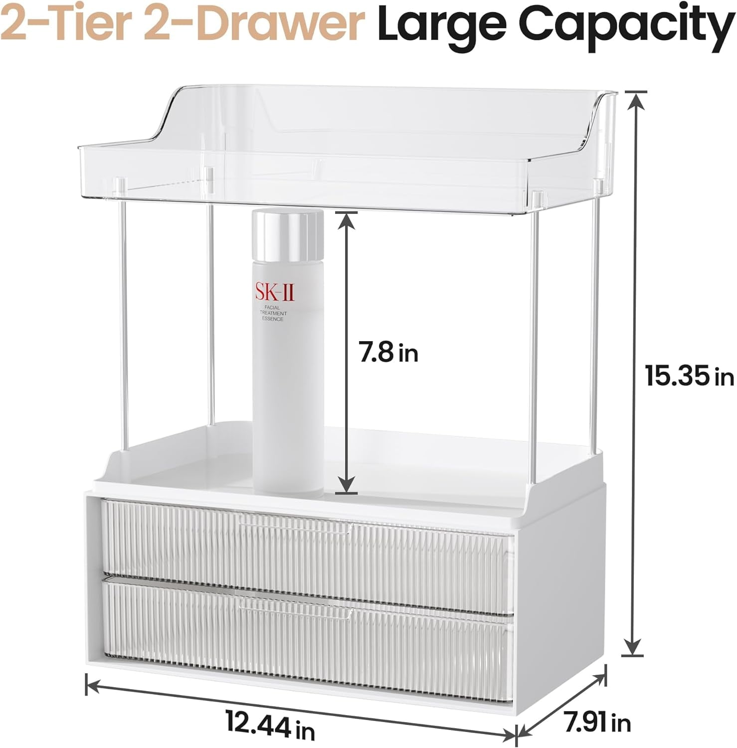 2-tier Vanity Organizer, Delamu Bathroom Countertop Organizer 2 Drawers, Multi-Purpose Makeup Organizer Countertop Cosmetics, Clear - Image 4