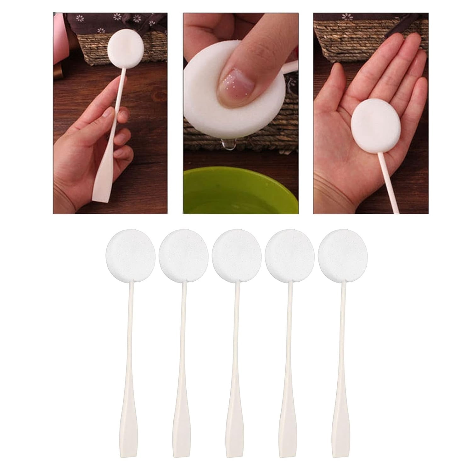 5Pcs Puffs, Long Handled Lotion Applicator with Incredible Water Absorption, Ideal for Home Use, White - Image 3