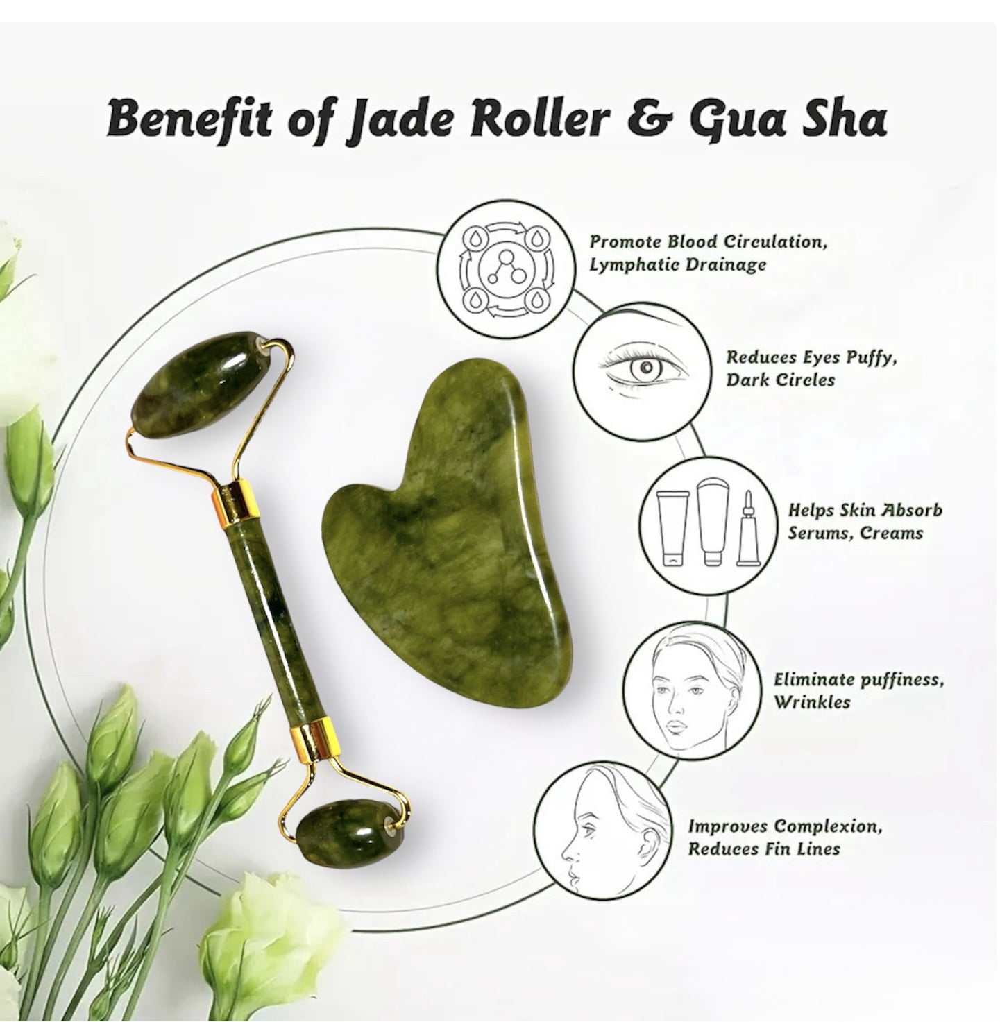 Gua Sha and Jade Roller Set Improve Wrinkles & Reduce Puffiness Gua Sha Face Facial Massage 2 Piece - Image 5
