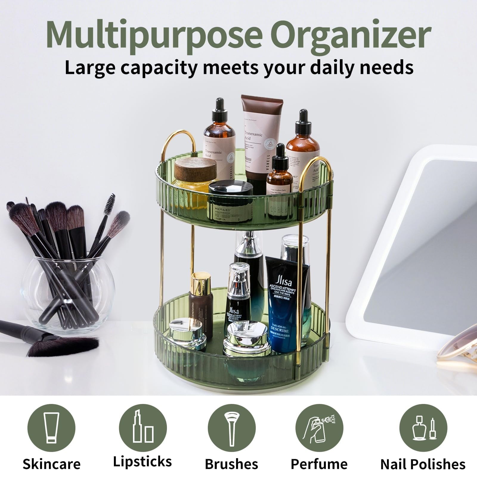 Acrylic Rotating Makeup Organizer 2-tier, Multi-function Lazy Susan Bathroom Counter Organizer, Storage Cosmetic, Skincare, Perfume for Bedr - Image 4