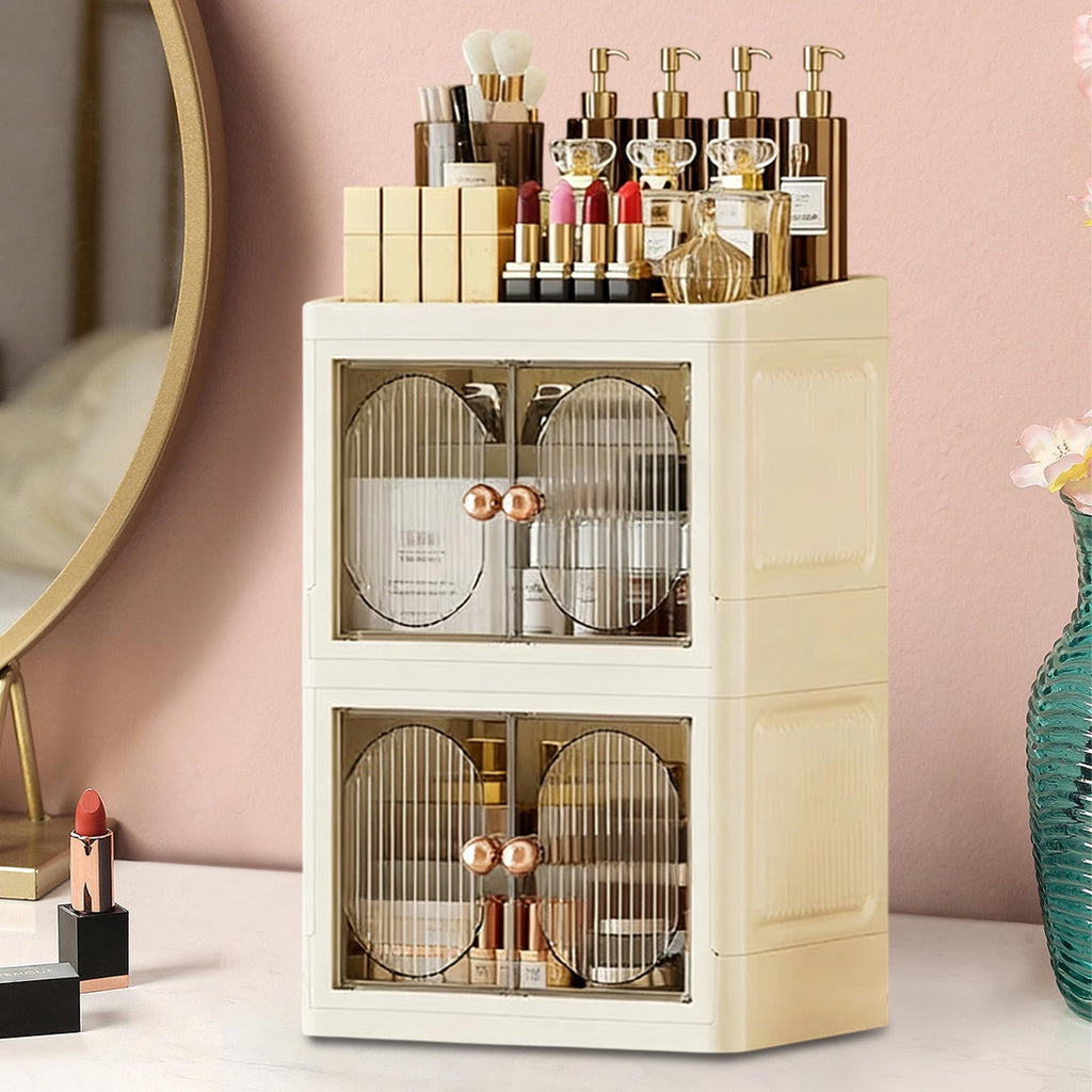 Desktop Storage Cabinet - Foldable Double Door Skincare Organizer, No Assembly Required Double Layer Box for Statione... - Image 4