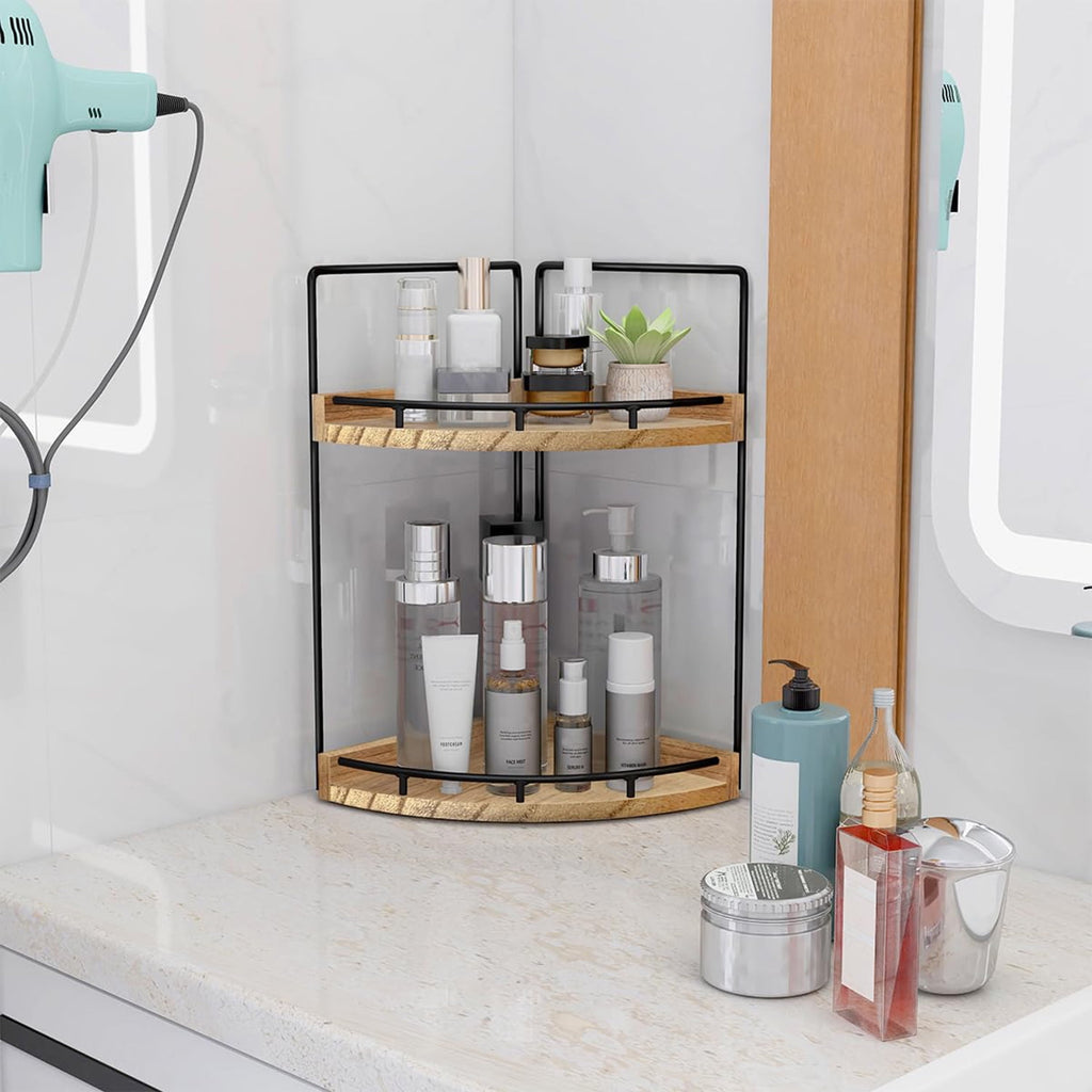 2 Tier Wood Corner Shelf for Bathroom Vanity Countertop Brown Space Saving Organizer for Skincare Makeup and Toiletries - Image 3