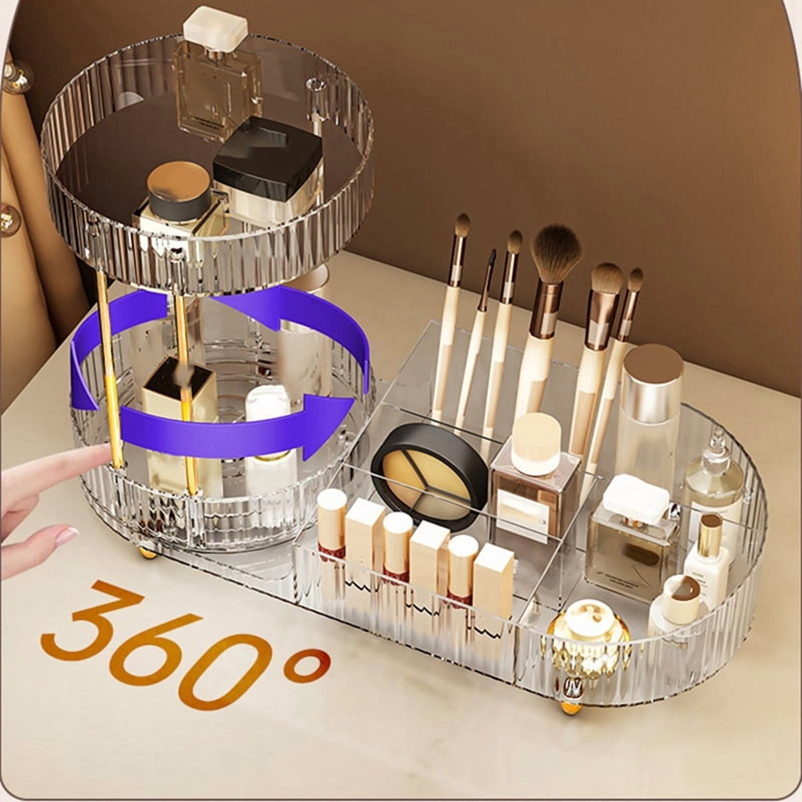 Rotating Makeup Organizer for Vanity, 2 Tier Perfume Cosmetic Skincare Organizers with Makeup Brush Holder Transparent - Image 3