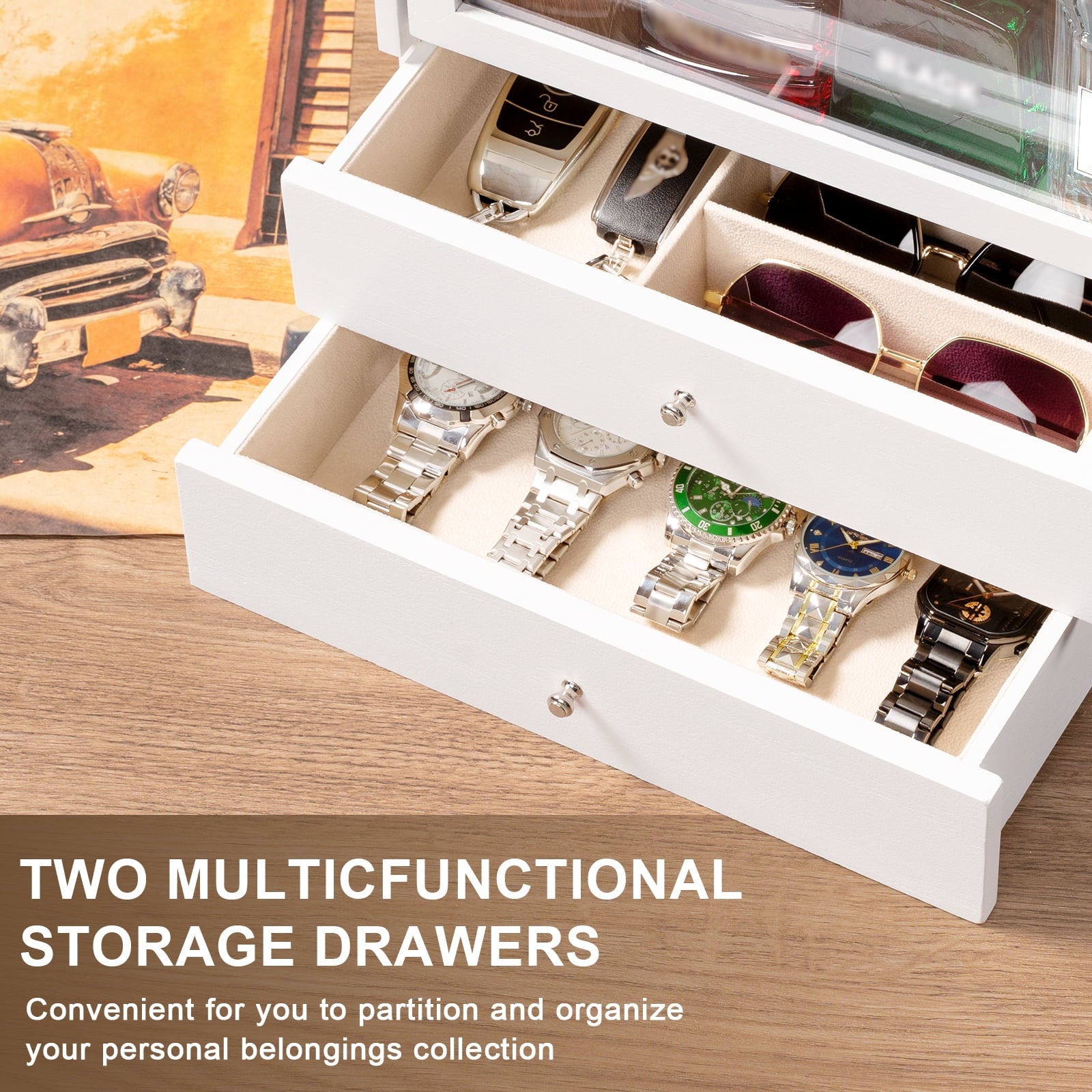 Cologne Organizer, 4 Tier Vertical Wood Perfume Stand for Men, Large Capacity Perfumes Organizer with Double Drawer S... - Image 3