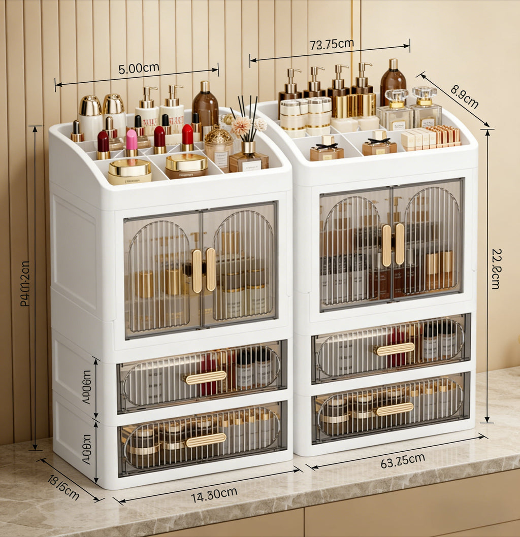 Large Capacity Makeup Organizer with Drawers & Doors, White Plastic Cosmetic Storage Cabinet with Handle, Multi-Tier Skincare Organizer for - Image 2