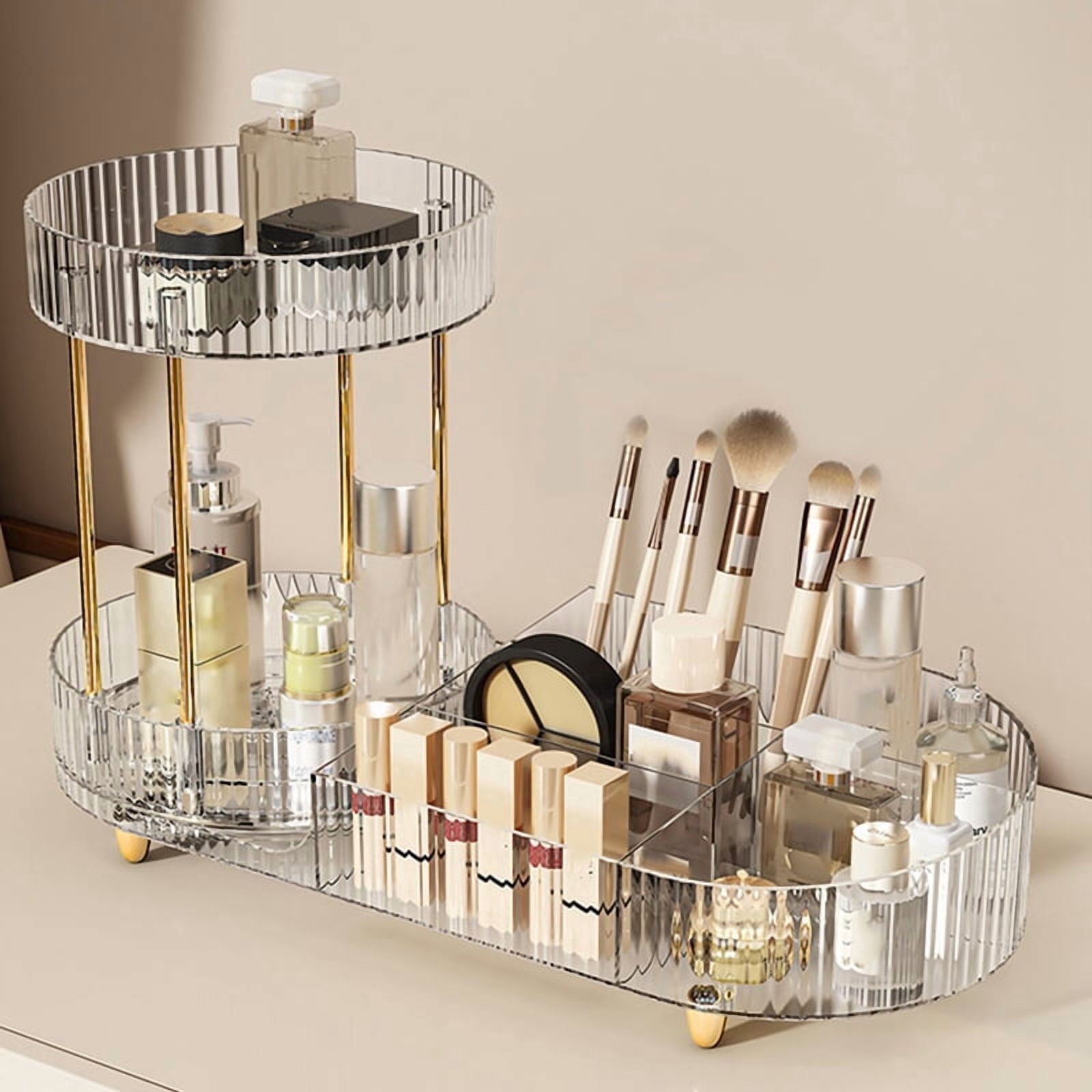 Rotating Makeup Organizer for Vanity, 2 Tier Perfume Cosmetic Skincare Organizers with Makeup Brush Holder Transparent - Image 2