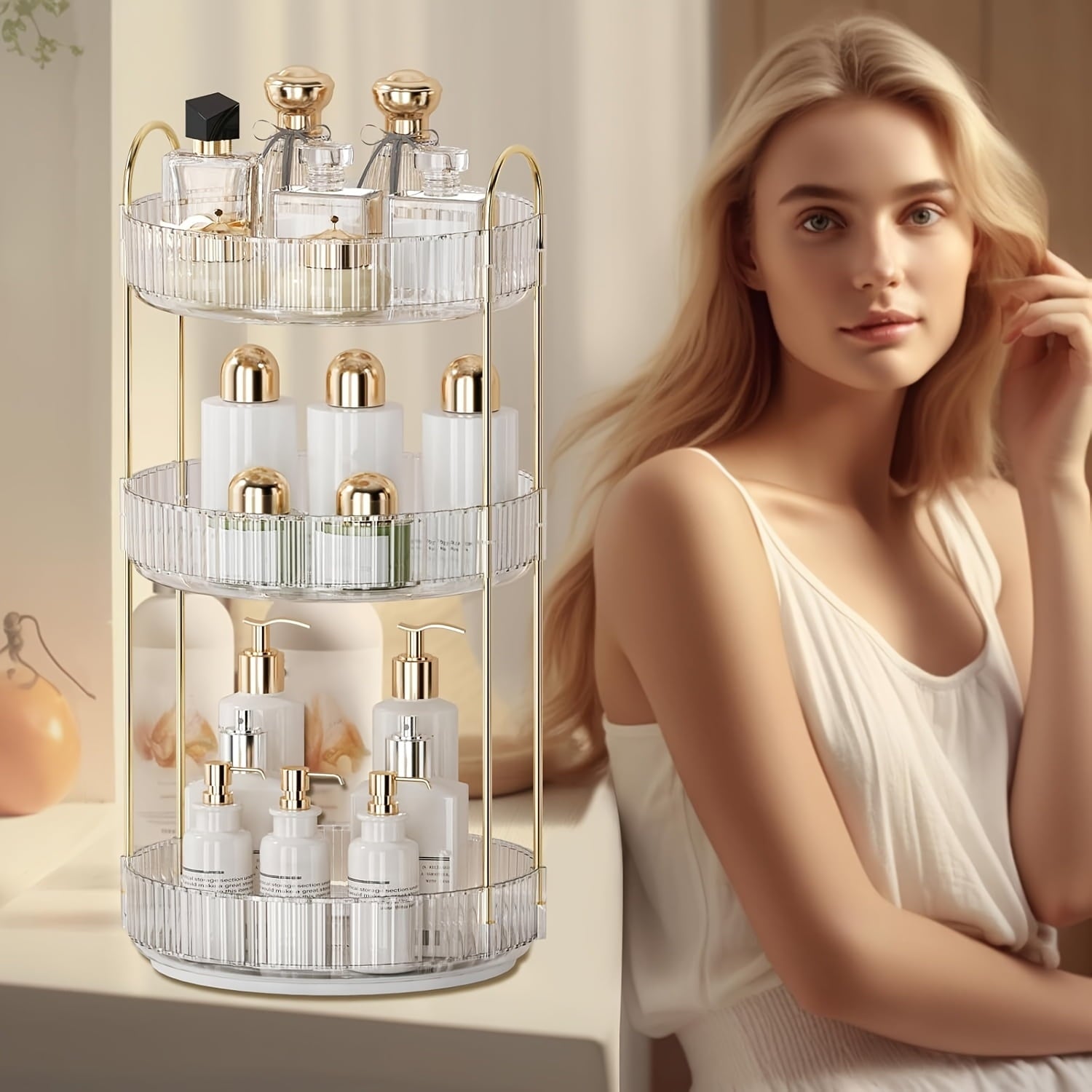 360-Degree Rotating Makeup Storage Unit, 3-Tier Bathroom Countertop Organizer, Spacious Cosmetic Skincare Stand & Rot... - Image 3